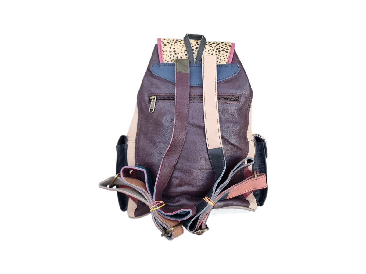 Multicoloured Patchwork Leather Backpack Purse: Cowhide Shoulder Bag with Animal Print