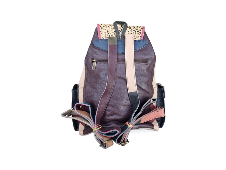 Multicoloured Patchwork Leather Backpack Purse: Cowhide Shoulder Bag with Animal Print