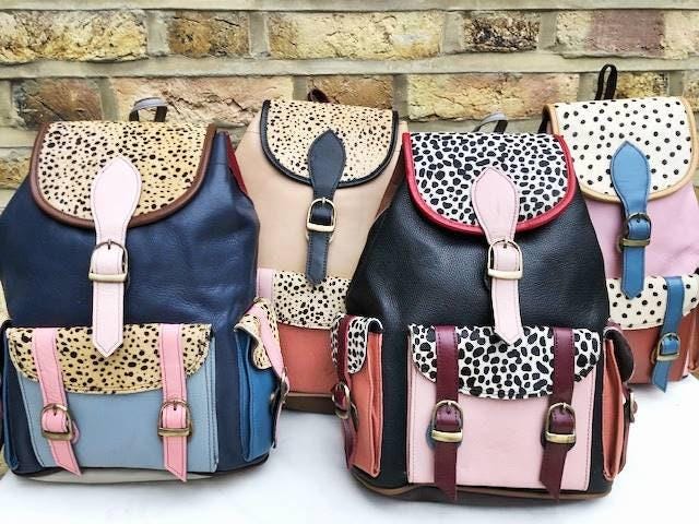 Patchwork Leather Backpack Rainbow Colour Block Leopard Cowhide Backpack Boho Hippie Rucksack Handmade Leather Bag