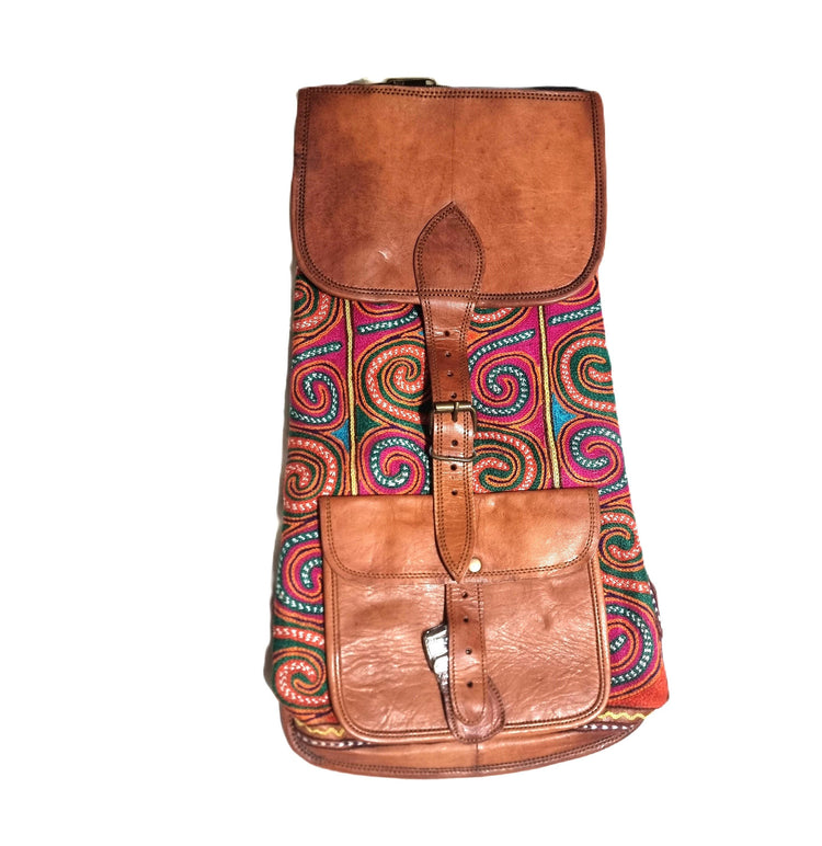 Hand Embroidered Leather Backpack: Bohemian Travel Bag