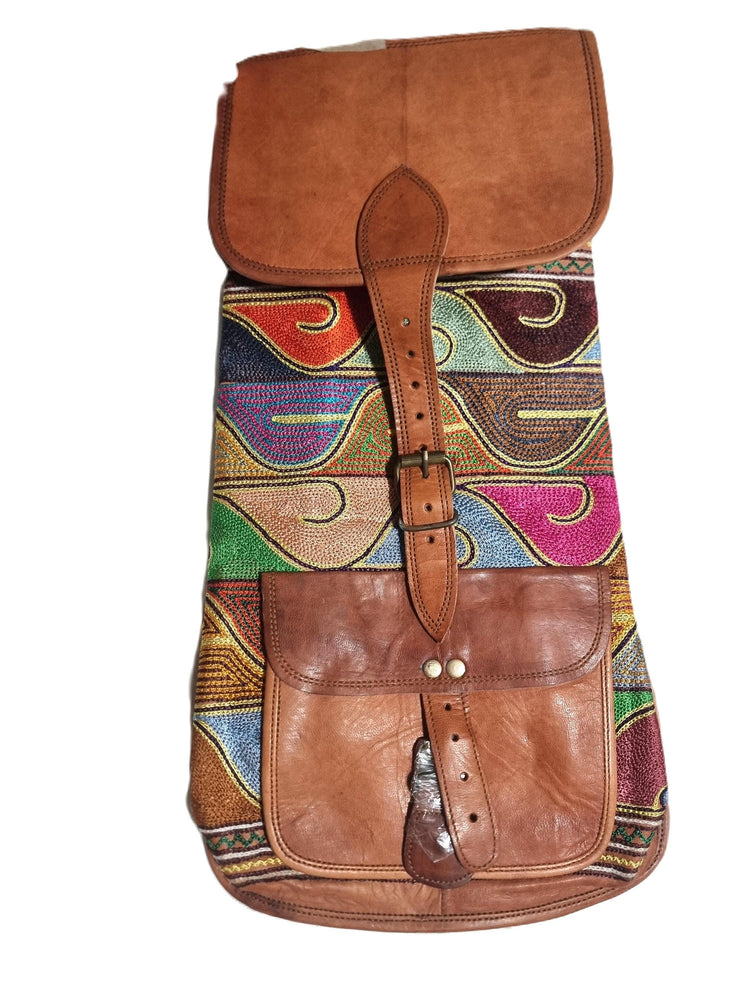 Hand Embroidered Leather Backpack: Bohemian Travel Bag