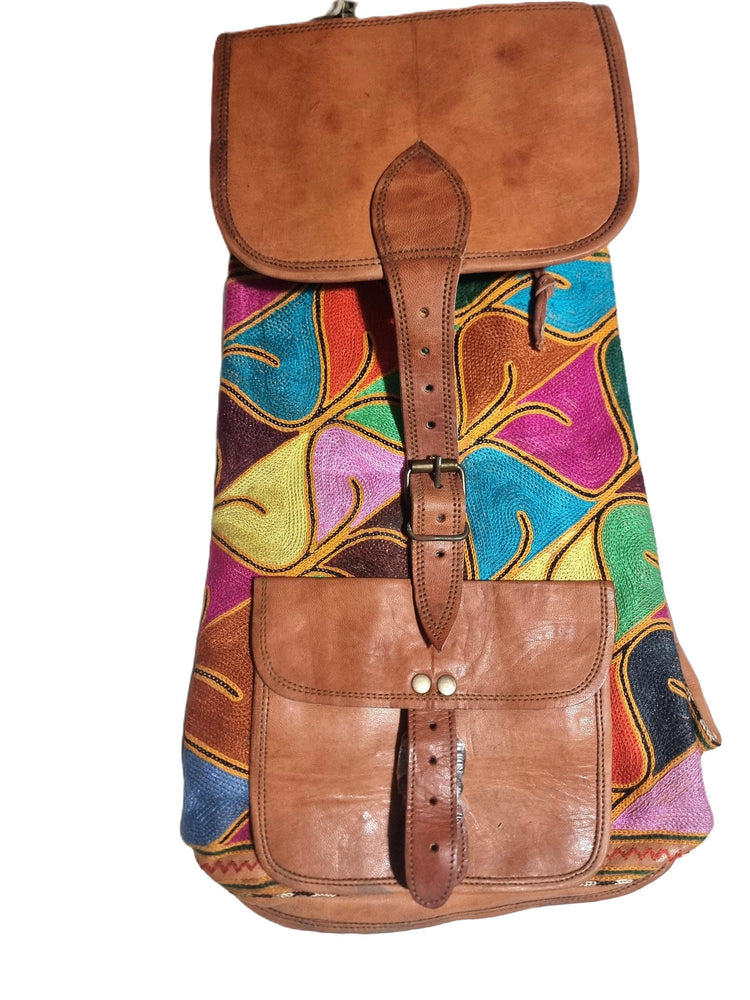 Hand Embroidered Leather Backpack: Bohemian Travel Bag