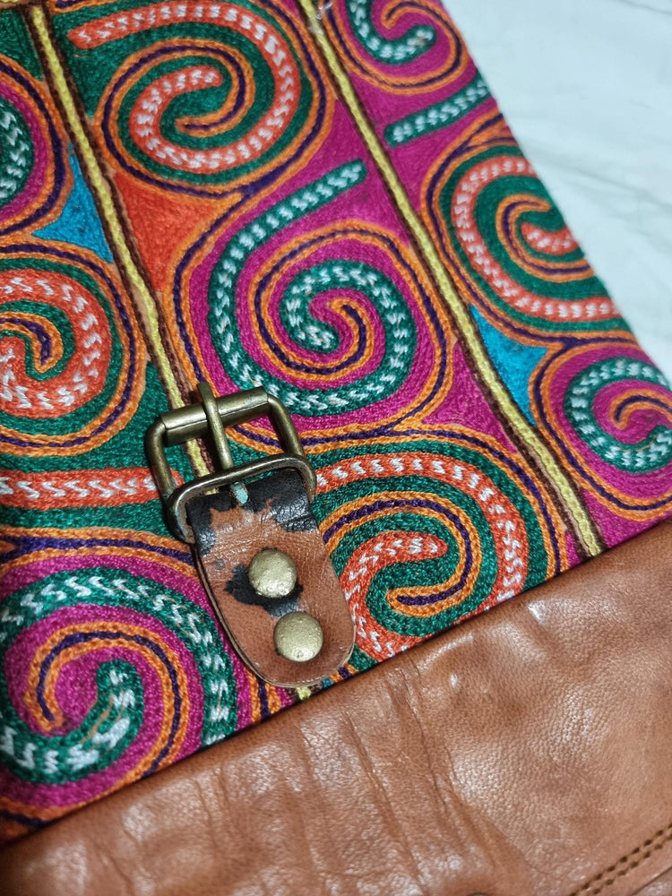 Hand Embroidered Leather Backpack: Bohemian Travel Bag