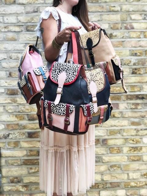 Patchwork Leather Backpack Burgundy Red Leopard Print Boho Hippie Rucksack Vintage Style Women Backpack Handmade Bag