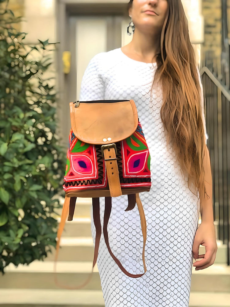 Embroidered Leather Mini Backpack: Multicoloured Hippie Rucksack Purse