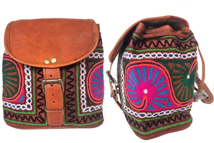 Embroidered Leather Mini Backpack: Multicoloured Hippie Rucksack Purse