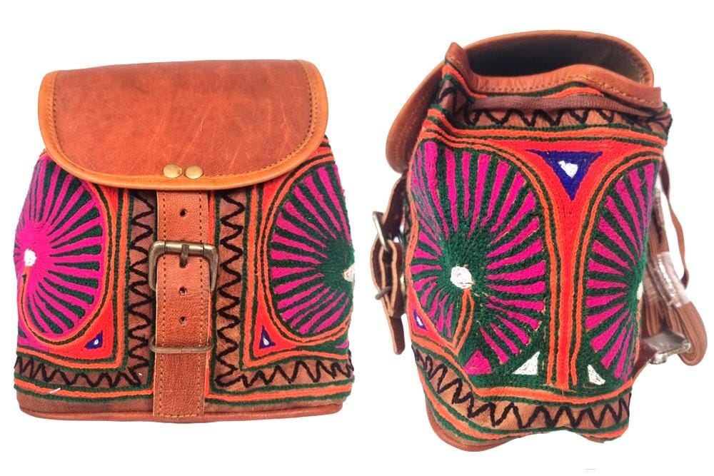 Embroidered Leather Mini Backpack: Multicoloured Hippie Rucksack Purse
