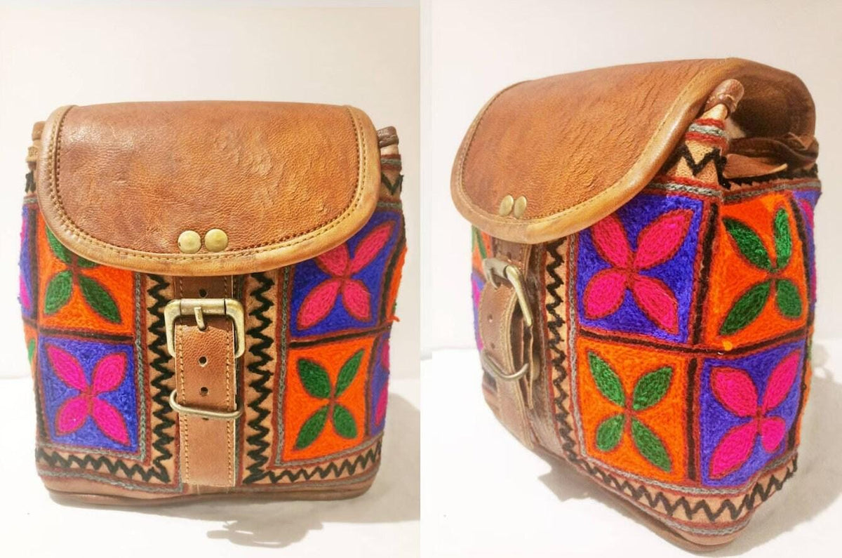 Embroidered Leather Mini Backpack: Multicoloured Hippie Rucksack Purse