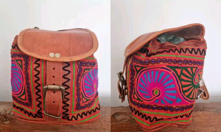 Embroidered Leather Mini Backpack: Multicoloured Hippie Rucksack Purse