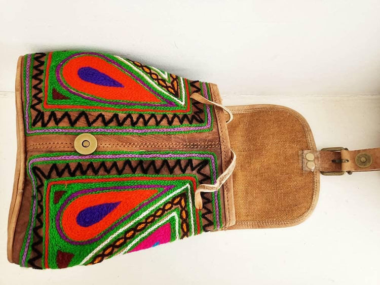 Embroidered Leather Mini Backpack: Multicoloured Hippie Rucksack Purse