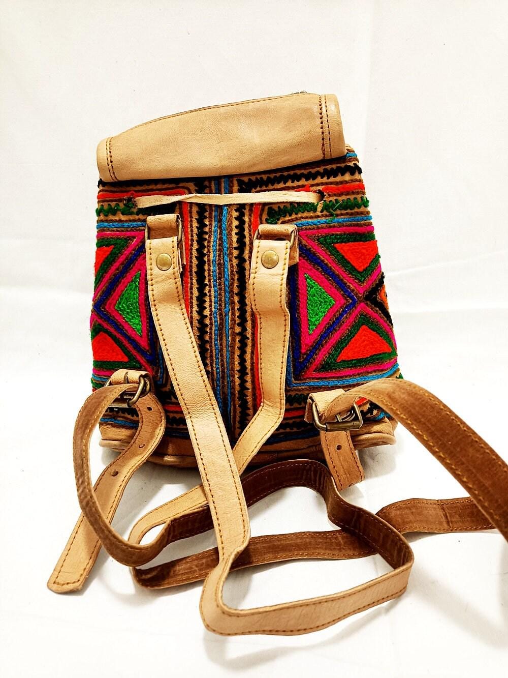 Embroidered Leather Mini Backpack: Multicoloured Hippie Rucksack Purse