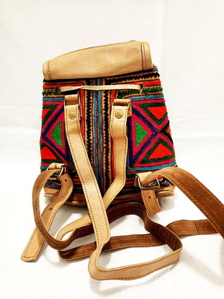 Embroidered Leather Mini Backpack: Multicoloured Hippie Rucksack Purse
