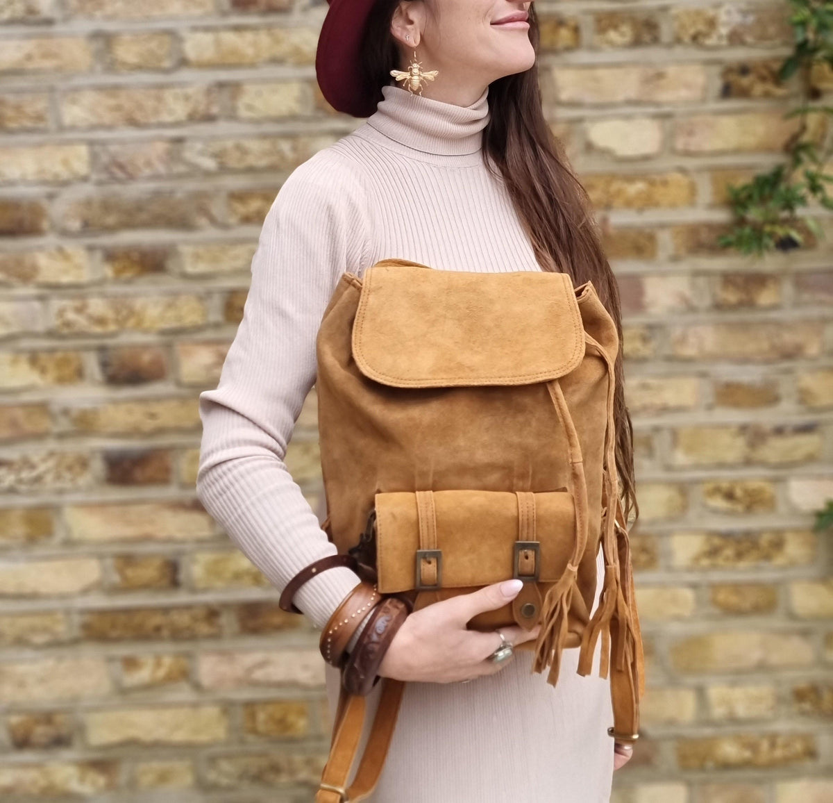 Mustard Yellow Suede Leather Backpack: Boho Festival Rucksack