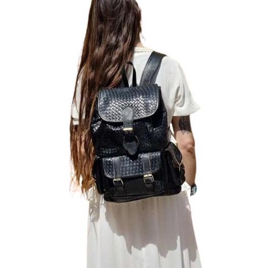 Large Braided Woven Leather Backpack Women, Boho Hippie Rucksack, Laptop Travel Bag, Handmade Moroccan Crafts