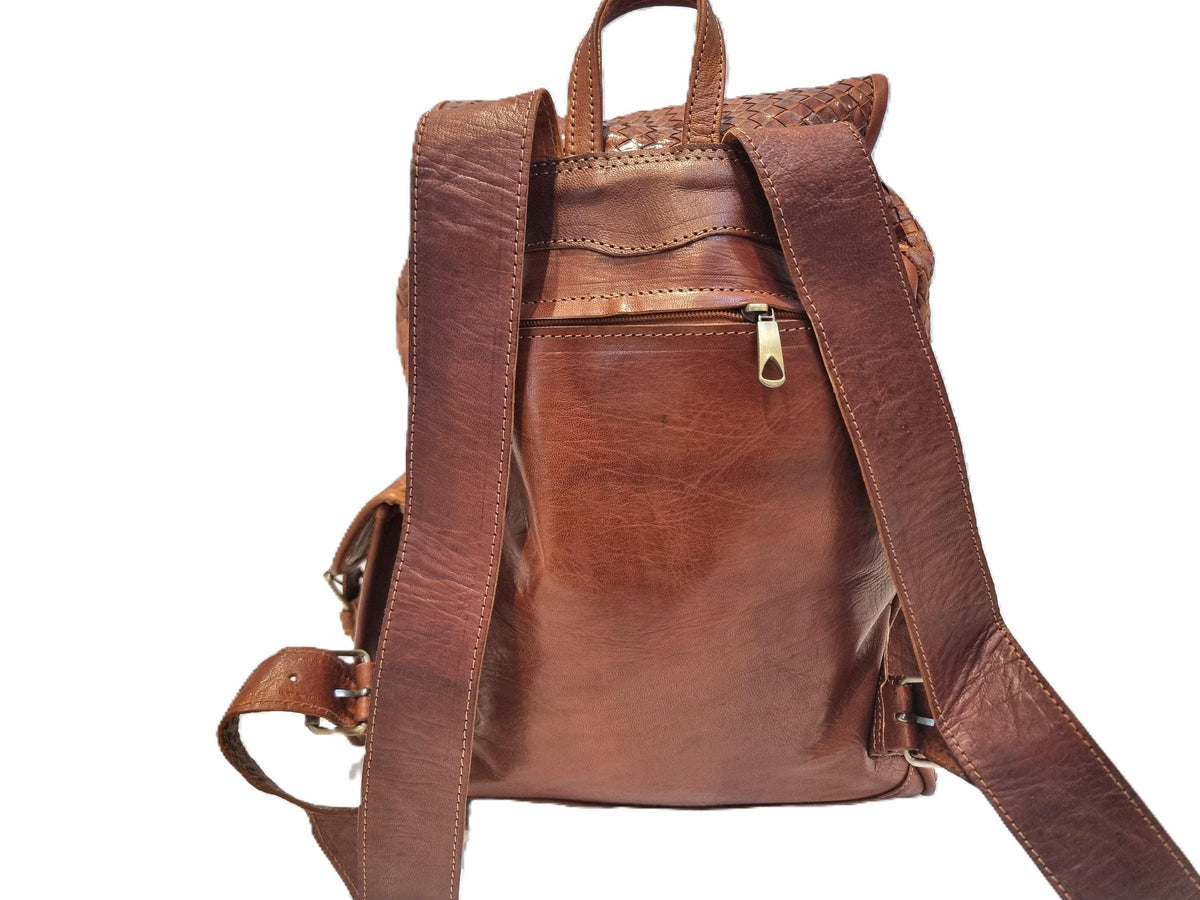 Large Braided Woven Leather Backpack Women, Boho Hippie Rucksack, Laptop Travel Bag, Handmade Moroccan Crafts