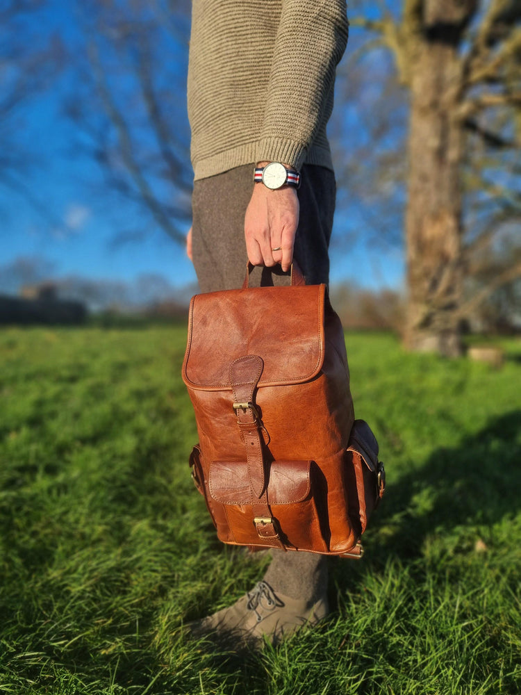 Large Leather Travel Backpack: 16" Unisex Rucksack, Laptop Bag