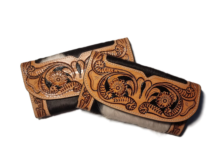 Western Cowhide Leather Long Wallet / Hand Tooled Floral Clutch Purse Women’s Zip Around Boho Card Holder