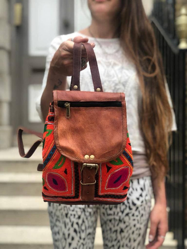 Embroidered Leather Backpack: Small Boho Floral Rucksack