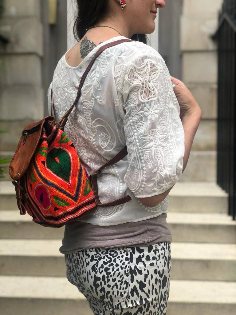 Embroidered Leather Backpack: Small Boho Floral Rucksack