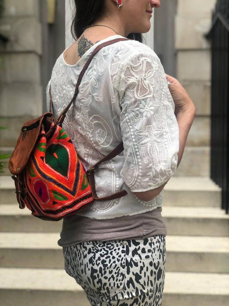 Embroidered Leather Backpack: Small Boho Floral Rucksack