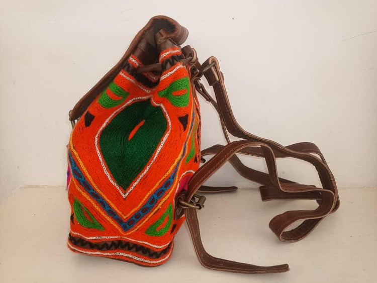 Embroidered Leather Backpack: Small Boho Floral Rucksack