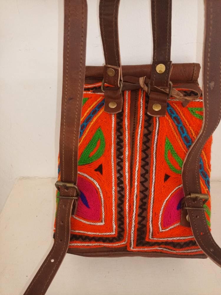 Embroidered Leather Backpack: Small Boho Floral Rucksack