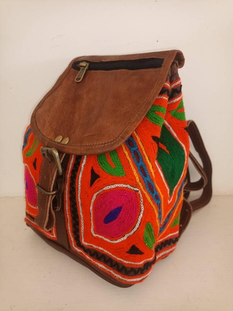 Embroidered Leather Backpack: Small Boho Floral Rucksack