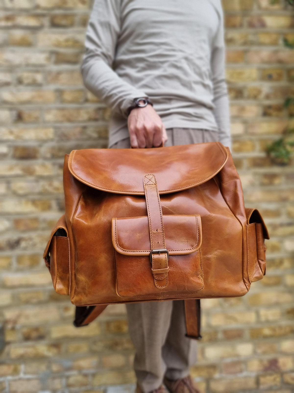 Extra Large Leather Backpack – Handmade Vintage Tan Brown Trekking Rucksack