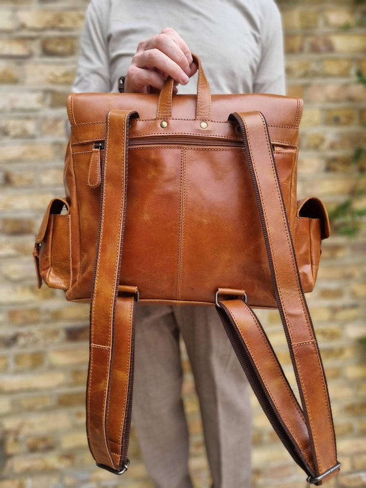 Extra Large Leather Backpack – Handmade Vintage Tan Brown Trekking Rucksack