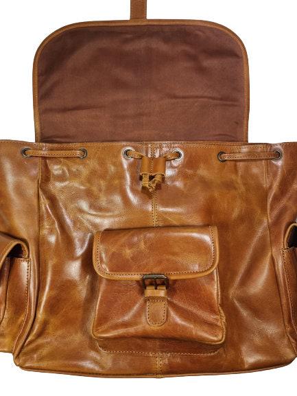 Extra Large Leather Backpack – Handmade Vintage Tan Brown Trekking Rucksack