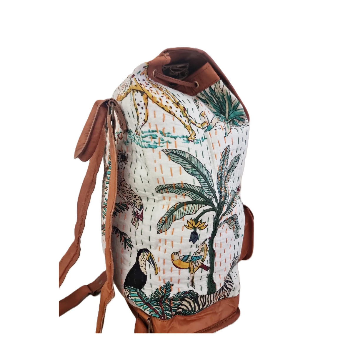 Botanical Jungle Leather Backpack: Leopard Parrot Print Boho Rucksack