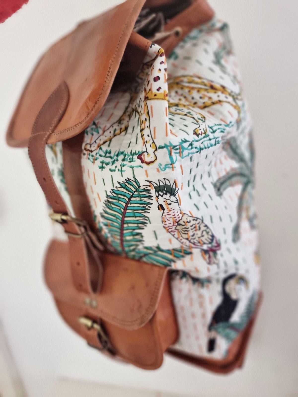 Botanical Jungle Leather Backpack: Leopard Parrot Print Boho Rucksack