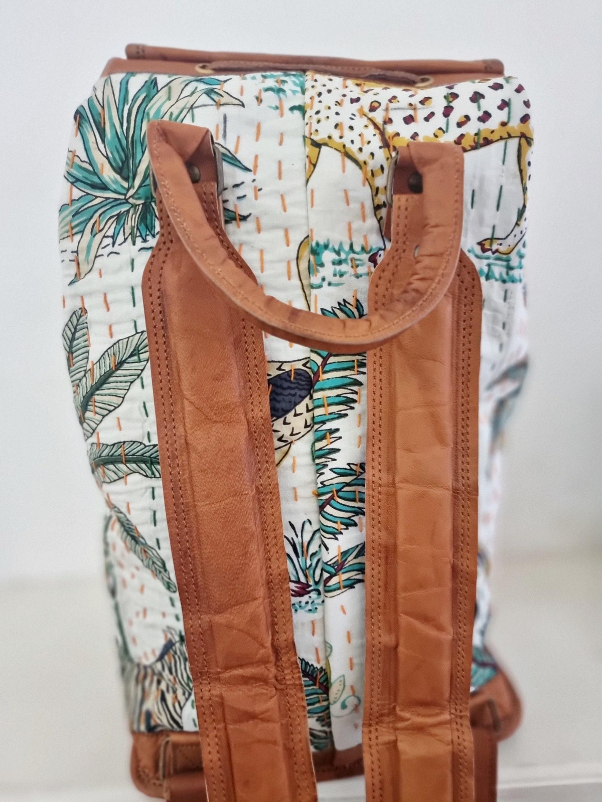 Botanical Jungle Leather Backpack: Leopard Parrot Print Boho Rucksack
