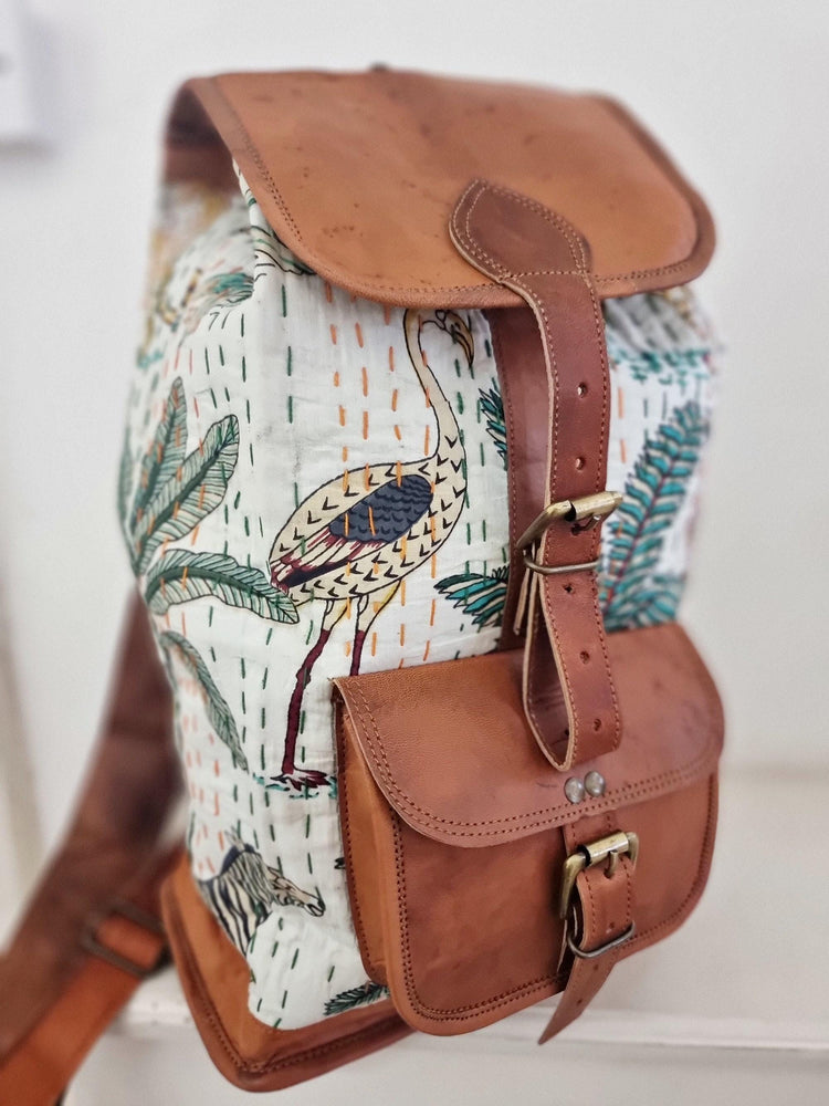 Botanical Jungle Leather Backpack: Leopard Parrot Print Boho Rucksack