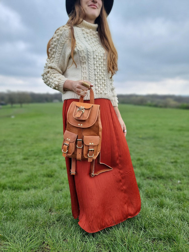 Small Leather Backpack Purse: Vintage Style Rucksack, Tan Brown