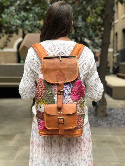 Floral Leather Backpack, Large Boho Rucksack, Hippie Flower Backpack, Botanical Tapestry Bag, 15 Inch Laptop Backpack, Vintage Style