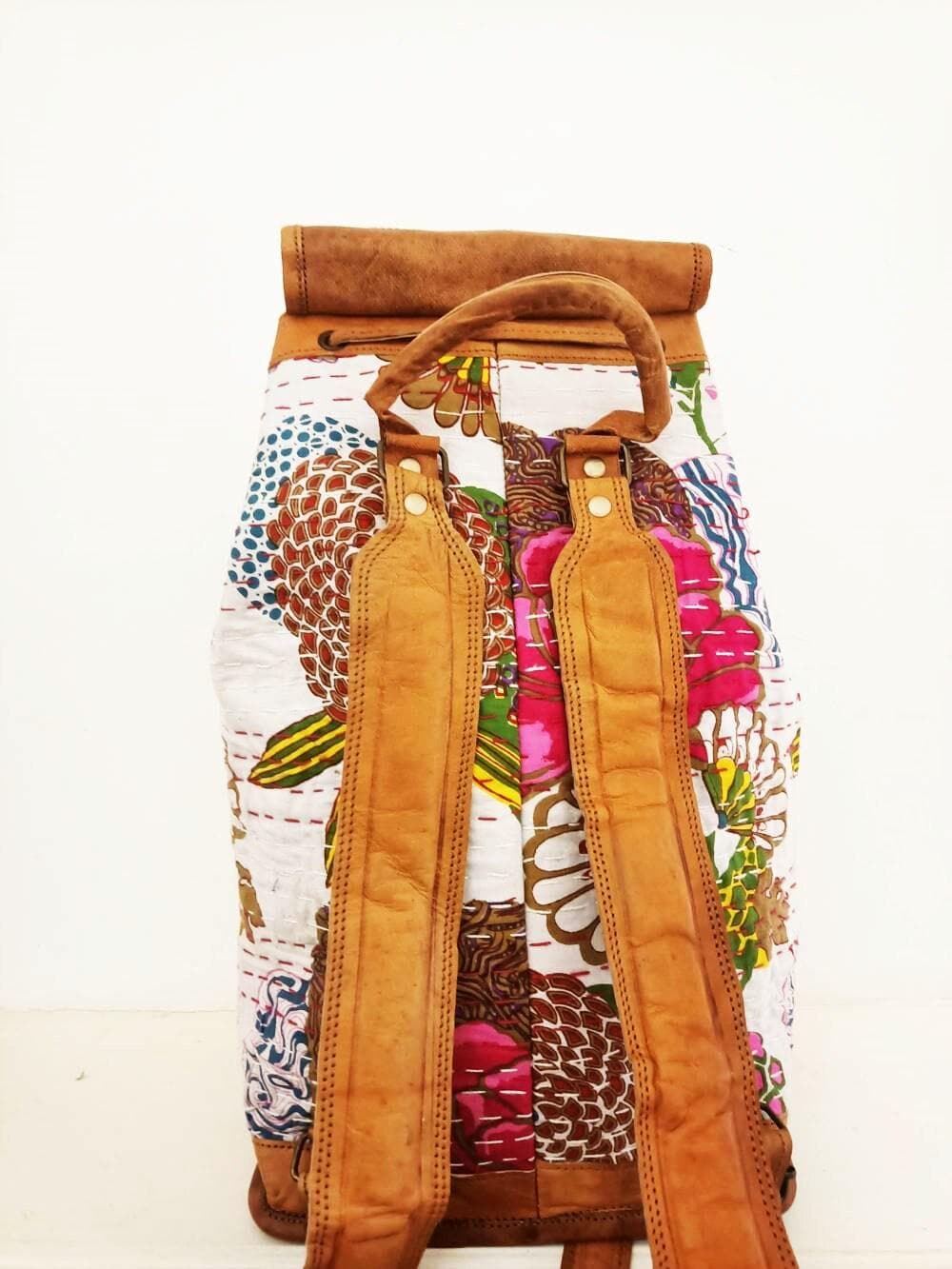 Floral Leather Backpack, Large Boho Rucksack, Hippie Flower Backpack, Botanical Tapestry Bag, 15 Inch Laptop Backpack, Vintage Style