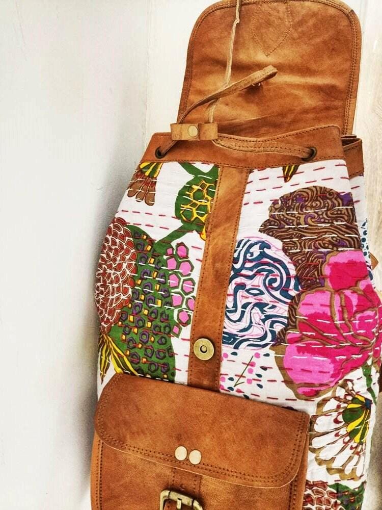 Floral Leather Backpack, Large Boho Rucksack, Hippie Flower Backpack, Botanical Tapestry Bag, 15 Inch Laptop Backpack, Vintage Style
