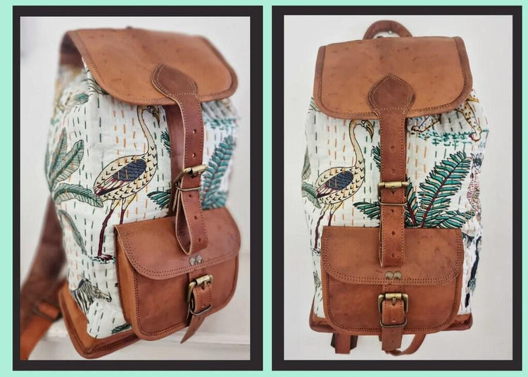 Floral Leather Backpack, Large Boho Rucksack, Hippie Flower Backpack, Botanical Tapestry Bag, 15 Inch Laptop Backpack, Vintage Style