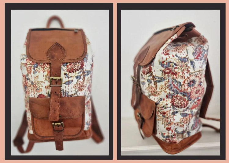 Floral Leather Backpack, Large Boho Rucksack, Hippie Flower Backpack, Botanical Tapestry Bag, 15 Inch Laptop Backpack, Vintage Style