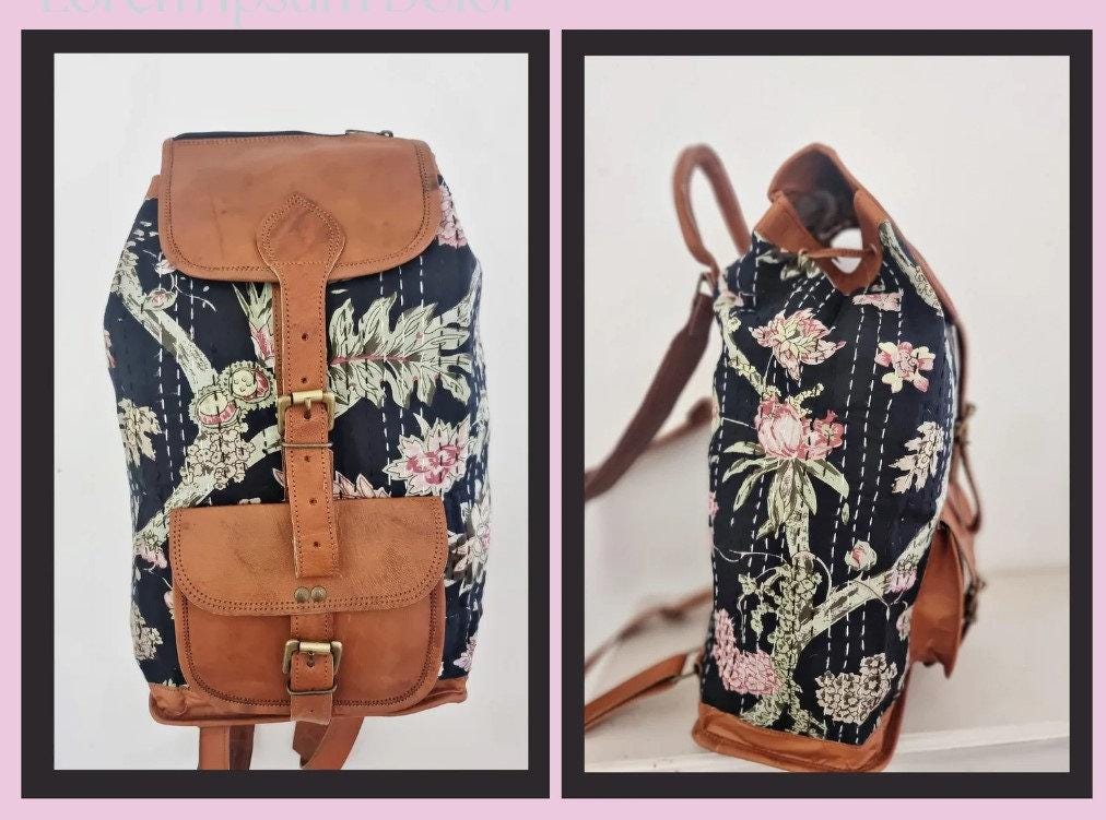 Floral Leather Backpack, Large Boho Rucksack, Hippie Flower Backpack, Botanical Tapestry Bag, 15 Inch Laptop Backpack, Vintage Style