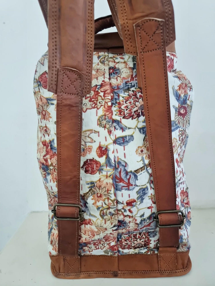 Floral Leather Backpack: Large Canvas Rucksack, Vintage Boho Bag