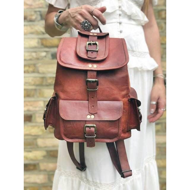 Handmade Brown Leather Backpack for Women – Vintage Style Boho Rucksack with Brass Buckles