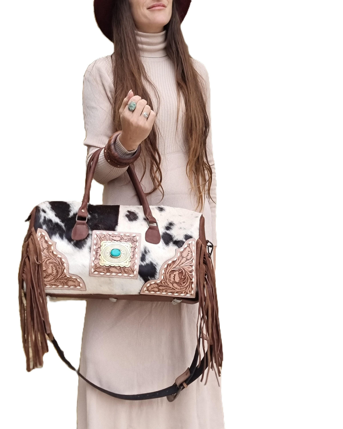 Hand Tooled Cowhide Leather Duffle Bag: Fringe Weekender Travel Bag