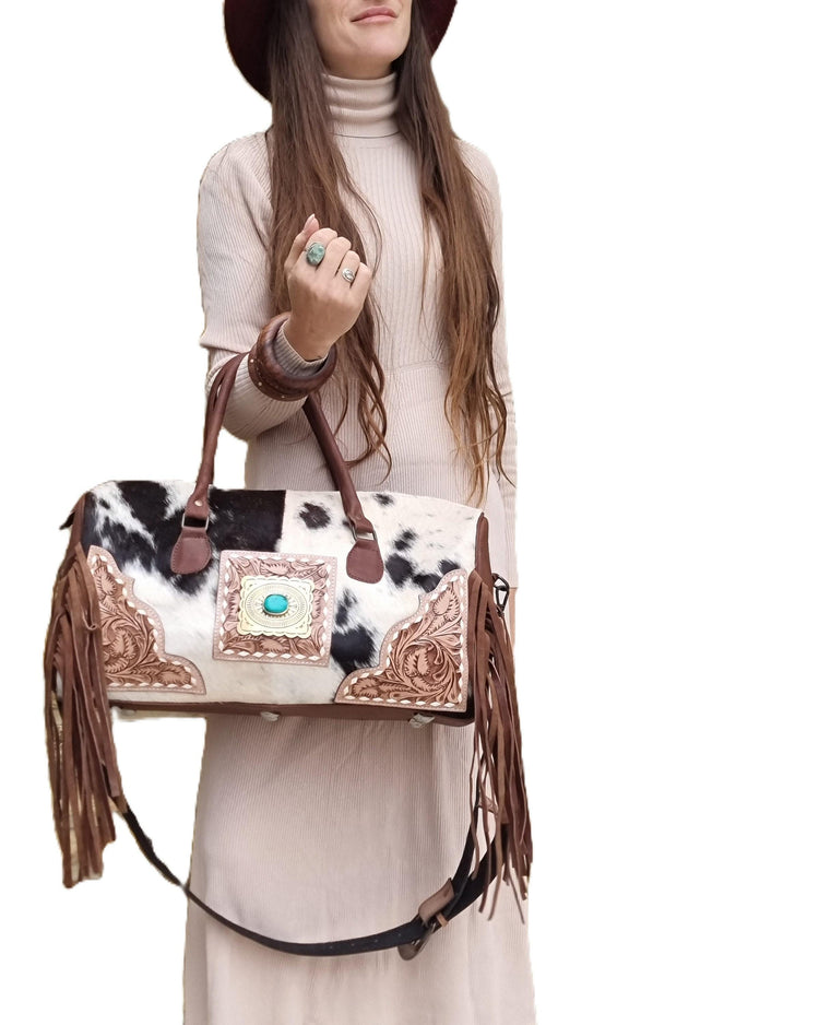 Hand Tooled Cowhide Leather Duffle Bag: Fringe Weekender Travel Bag