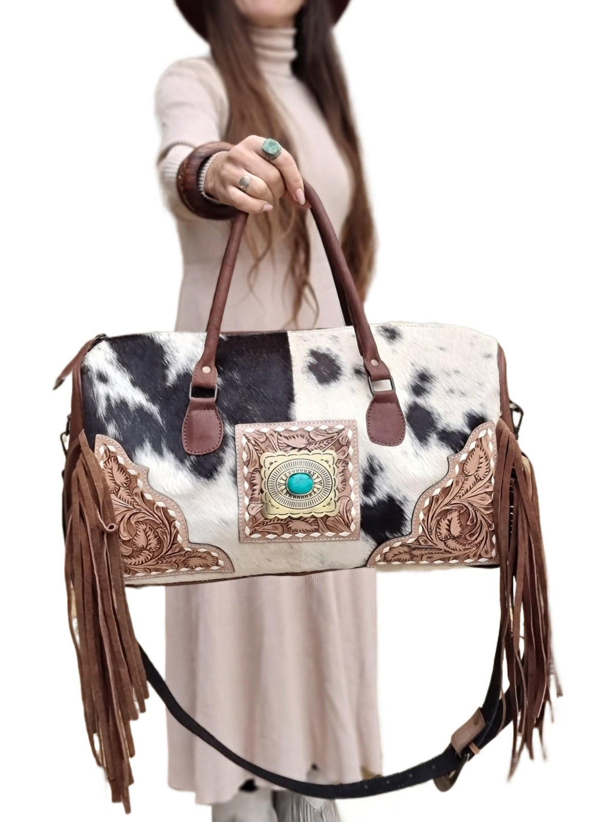 Hand Tooled Cowhide Leather Duffle Bag: Fringe Weekender Travel Bag