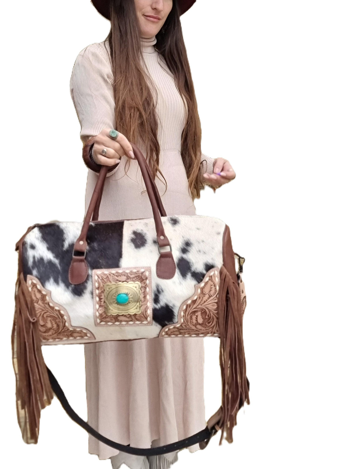 Hand Tooled Cowhide Leather Duffle Bag: Fringe Weekender Travel Bag