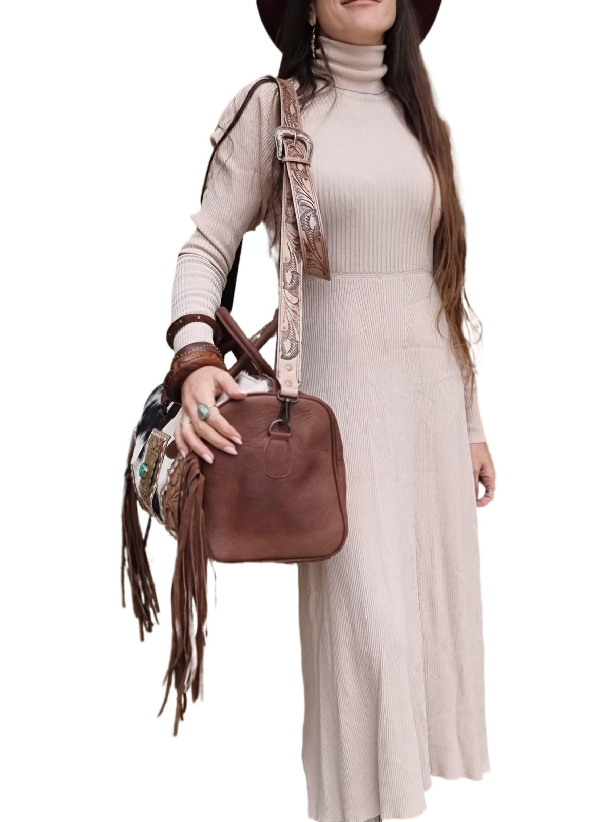 Hand Tooled Cowhide Leather Duffle Bag: Fringe Weekender Travel Bag