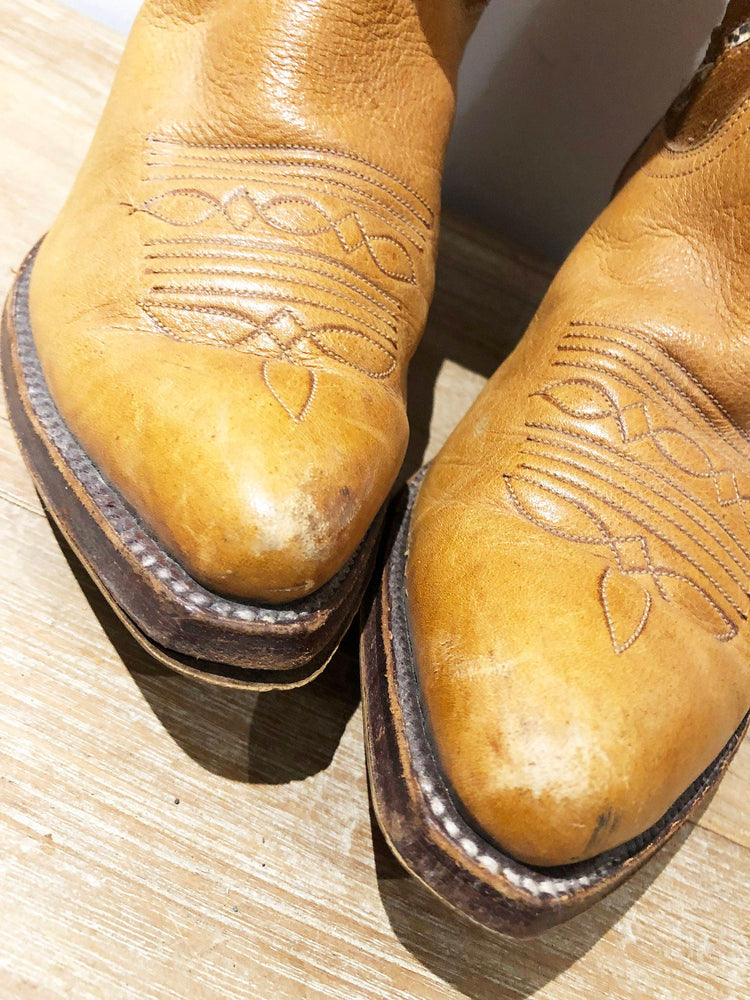 Vintage Cowboy Boots, Tan Brown Leather Western Boots, Genuine Leather Boots, Retro Cowgirl Boots, Unisex Western Shoes, EU 36 UK 3