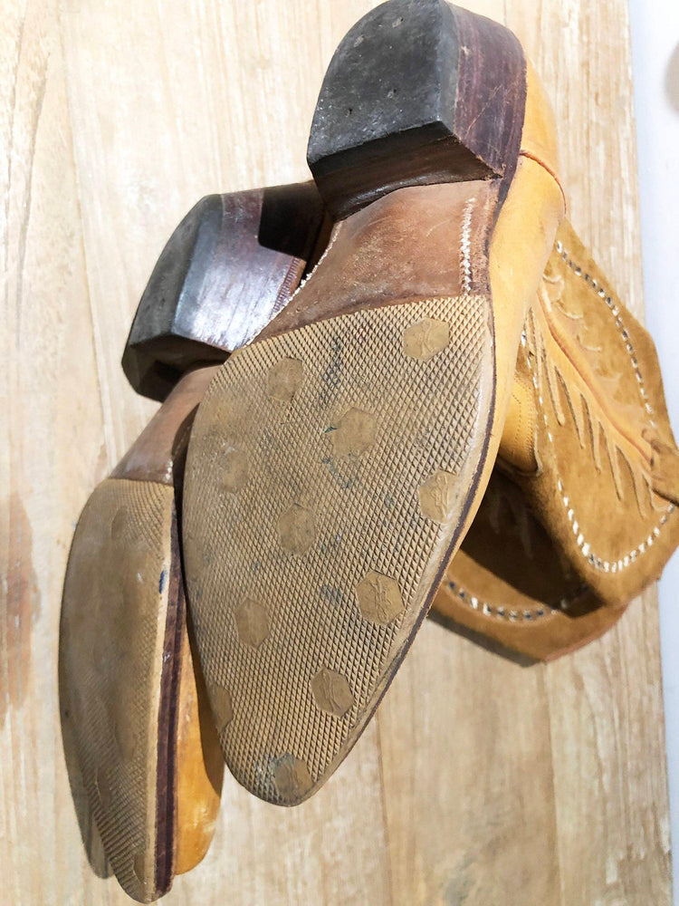 Vintage Cowboy Boots, Tan Brown Leather Western Boots, Genuine Leather Boots, Retro Cowgirl Boots, Unisex Western Shoes, EU 36 UK 3